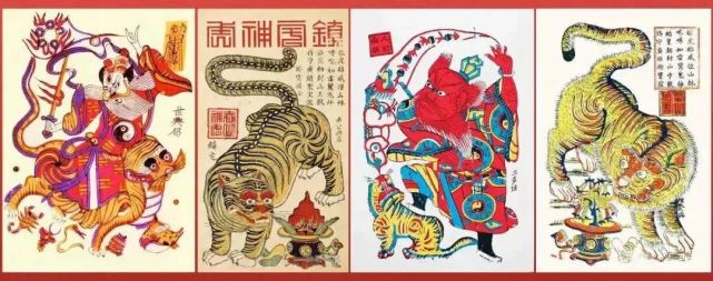 中国木版年画老虎古人把虎与龙,麟,龟一起列为四灵,视作祥瑞动物,认为