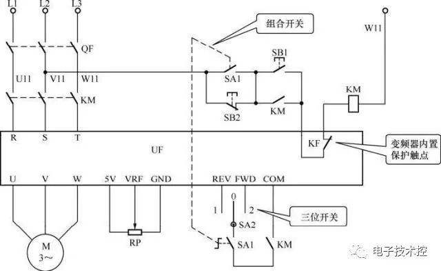三位开关sa2是电动机正转,反转,停止的转换开关,接触器km的触点作为