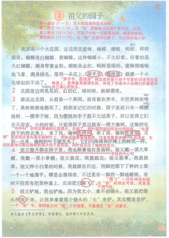 统编版语文五年级下册第2课祖父的园子知识点同步练习课文朗读教学