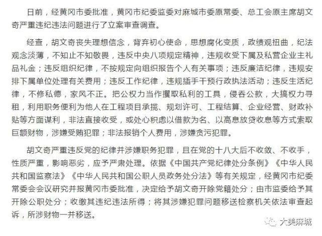 麻城市委原常委总工会原主席胡文奇严重违纪违法被开除党籍和公职