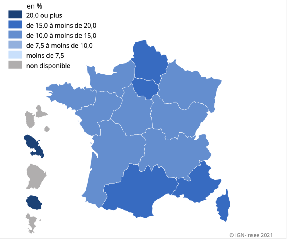 蓝色越深,代表该地贫富差距越大图源:insee从上图来看,法兰西岛的贫富