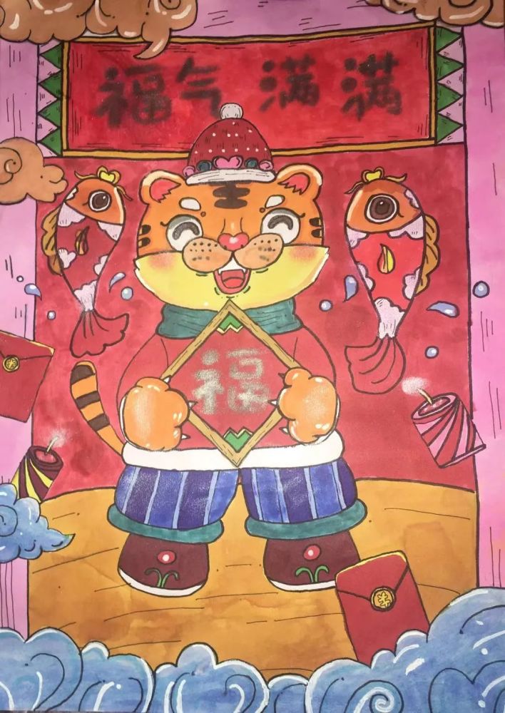 巧手画出年味来东都镇沈村联小学生寒假绘画作业展示