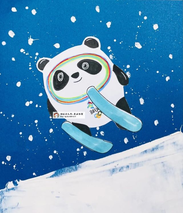 4,在蓝色卡纸上用白色水粉画上雪地和雪花.