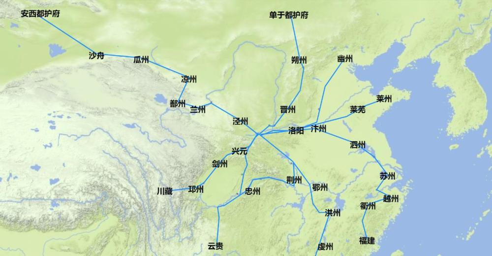 条重要的交通干线,这几条道路一直延伸到安西都护府,单于都护府,幽州