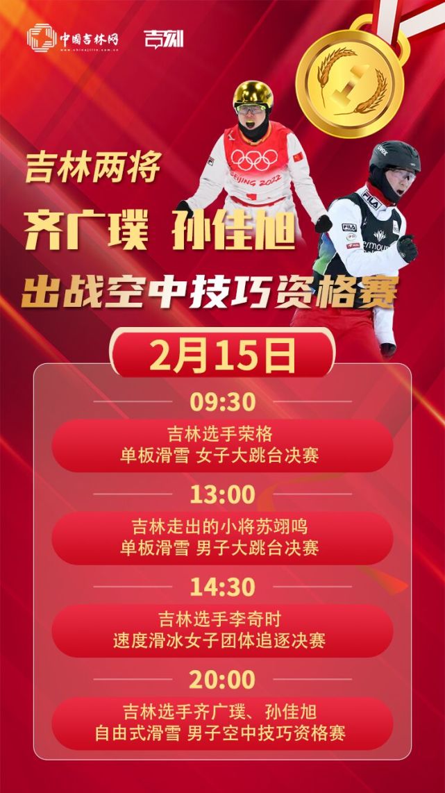 2月15日看点:吉林两将齐广璞,孙佳旭出战空中技巧资格赛