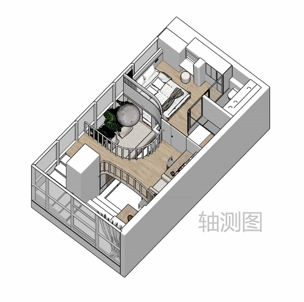 圆弧的桥廊形态变成一个视觉的焦点,下面是轴测图,可以从俯视的角度