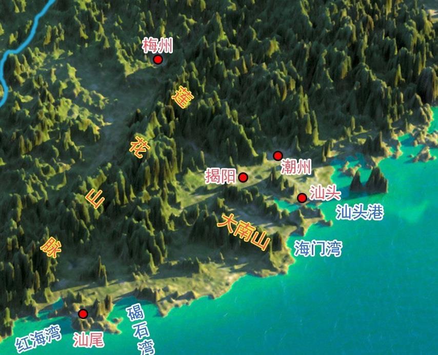 汕头位于广东省东部,莲花山脉东南,韩江三角洲南端,北邻潮州,西接揭阳