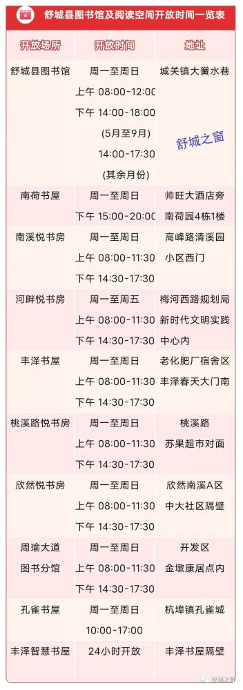 通知公告舒城县图书馆及阅读空间开放时间一览表