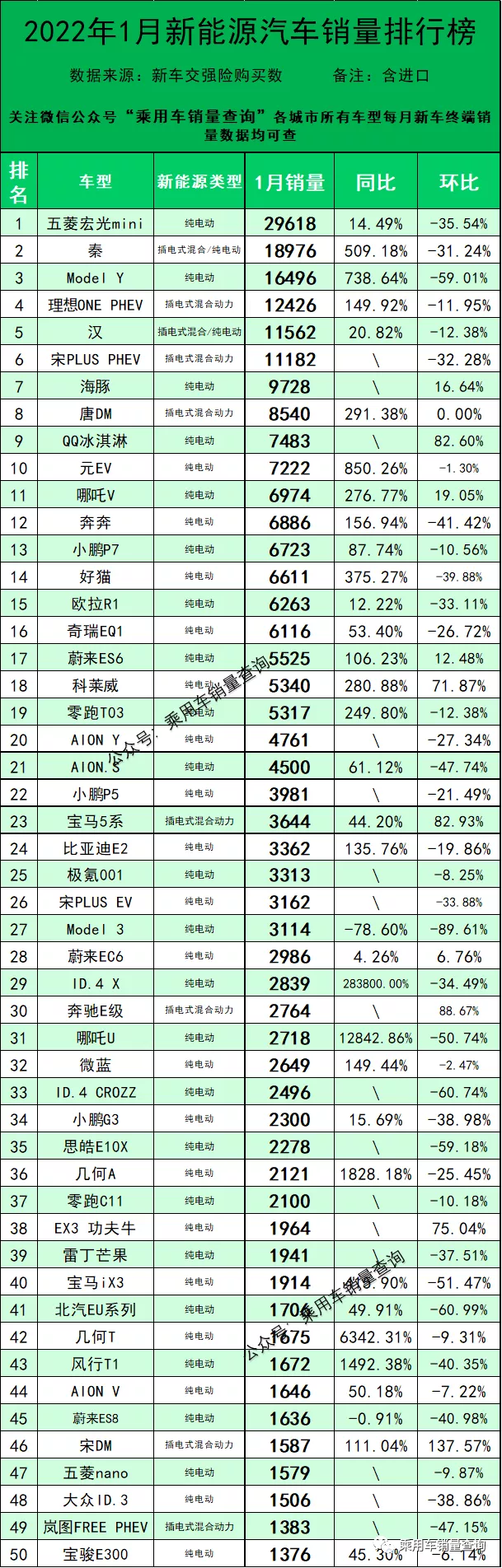 2022年1月新能源汽车分车型销量排行榜