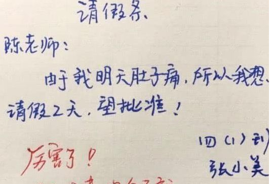 小学生请假条有猫腻明天肚子痛也知道老师看后笑笑不说话
