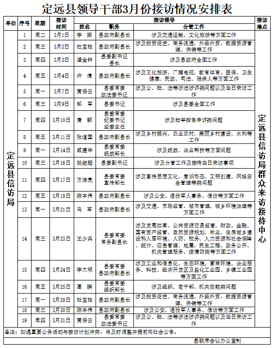 关注定远县领导干部3月接访安排