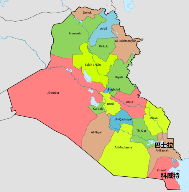 1990年的伊拉克地图,科威特为一省伊拉克的入侵行为遭到世界大多数