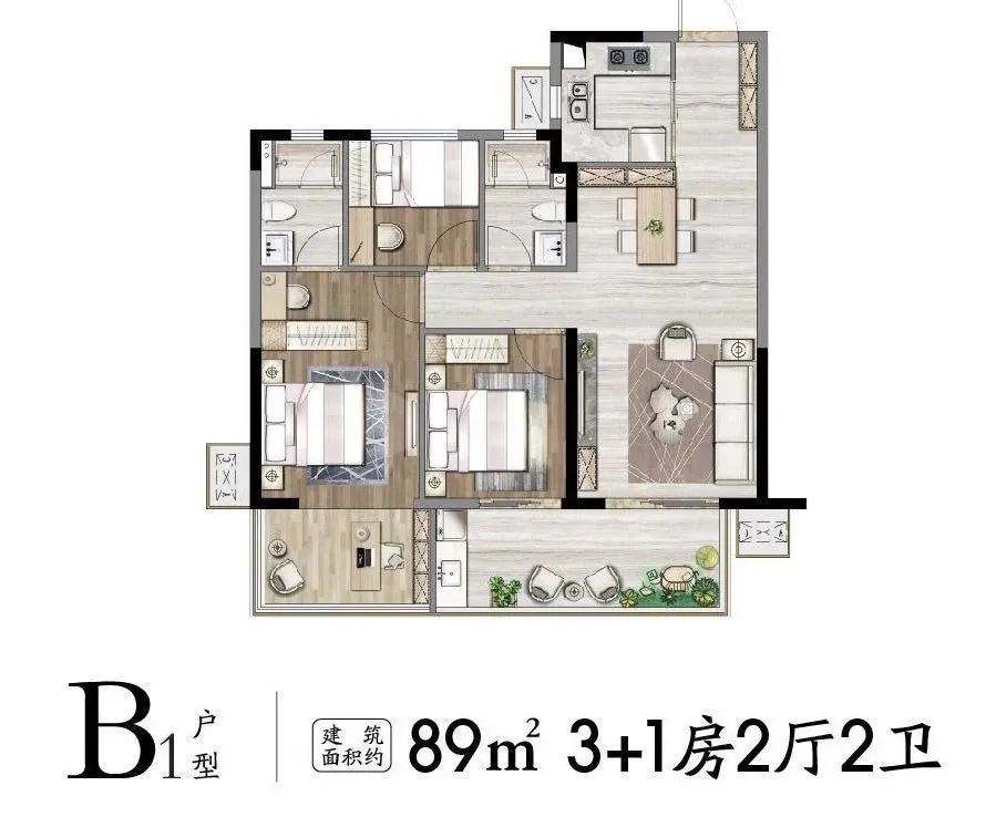 建面约89㎡户型图其中建面约89㎡的户型做到了3 1房,赠送面积同样非常