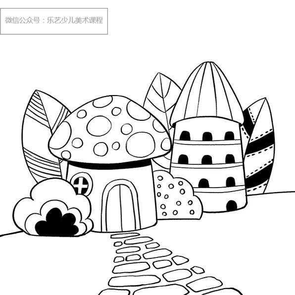 02首先我们采用正方形构图,用铅笔在素描纸上构思蘑菇房屋和其它场景.