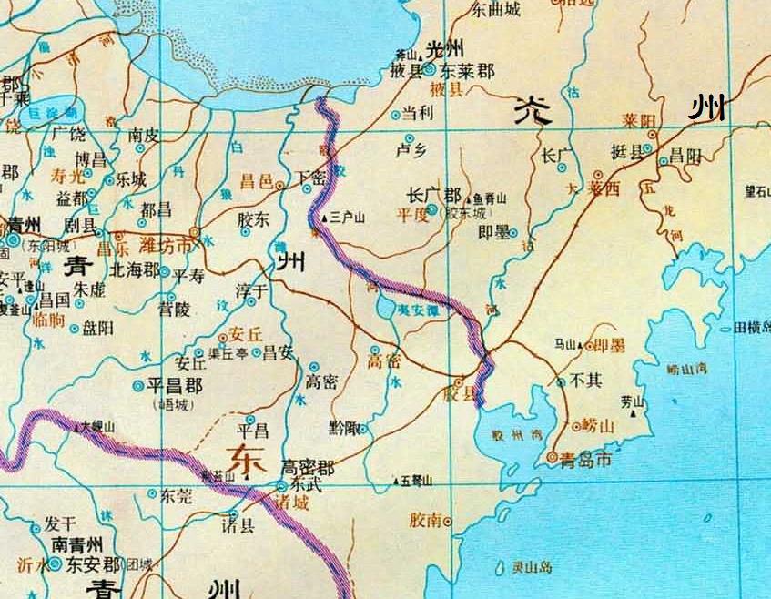 南北朝时期,北魏时的地图唐朝时期,分别归属河南道的密州,莱州管辖.