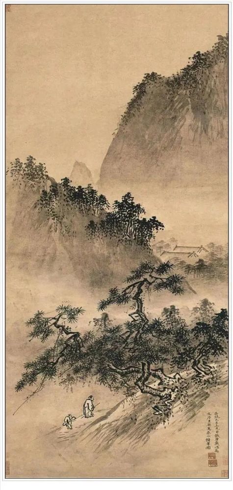《春山积翠图轴》这副《春山积翠图,描绘了在山下的山路上,松树旁