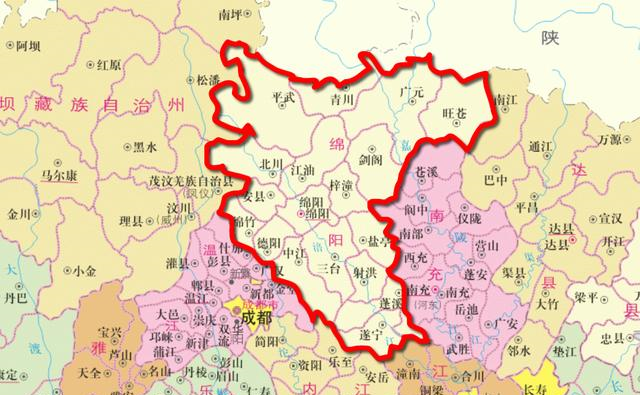 四川地图,从图中可以看到,当时的绵阳不是地级市,而是以地区形式存在