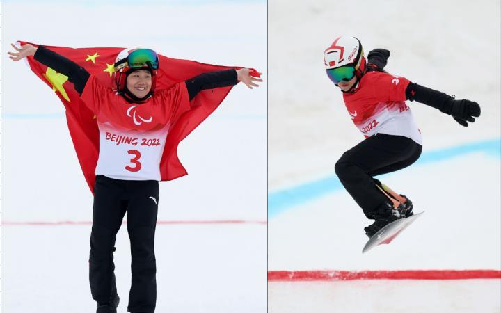 耿焱红李甜甜在北京冬残奥会单板滑雪男子坡面回转ul级比赛中,中国