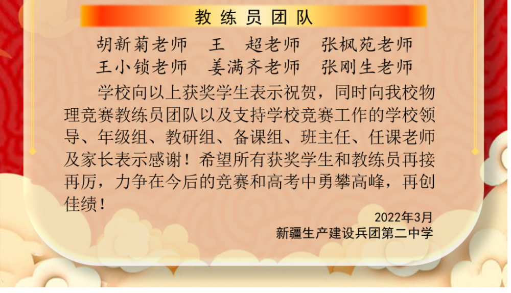 高中部兵团二中2021年高中物理联赛喜报