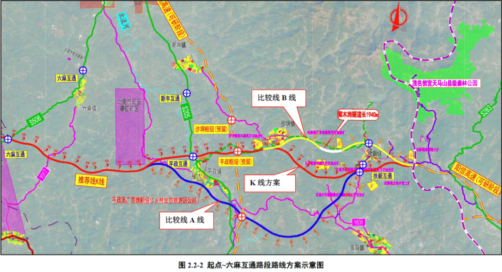 红线线段为k线比选方案(项目六座互通式立交大致情况)南玉珠高速公路