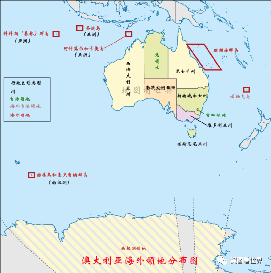 还有7块海外领地,其中阿什莫尔和卡捷群岛,圣诞岛和科科斯群岛地理上