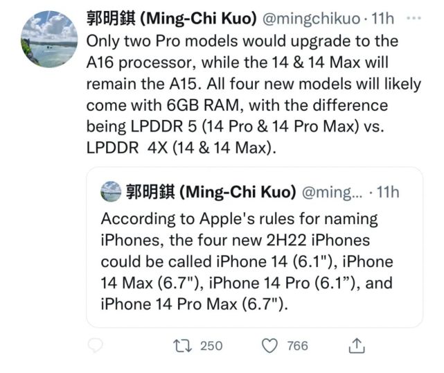 郭明錤在推特上爆料称,今年的iphone 14系列依旧由4款机型组成,分别为