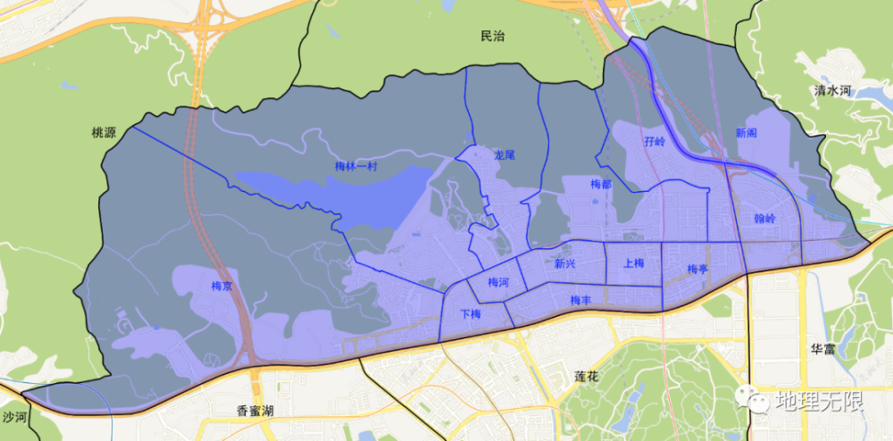 深圳市福田区梅林街道13个社区分布地图