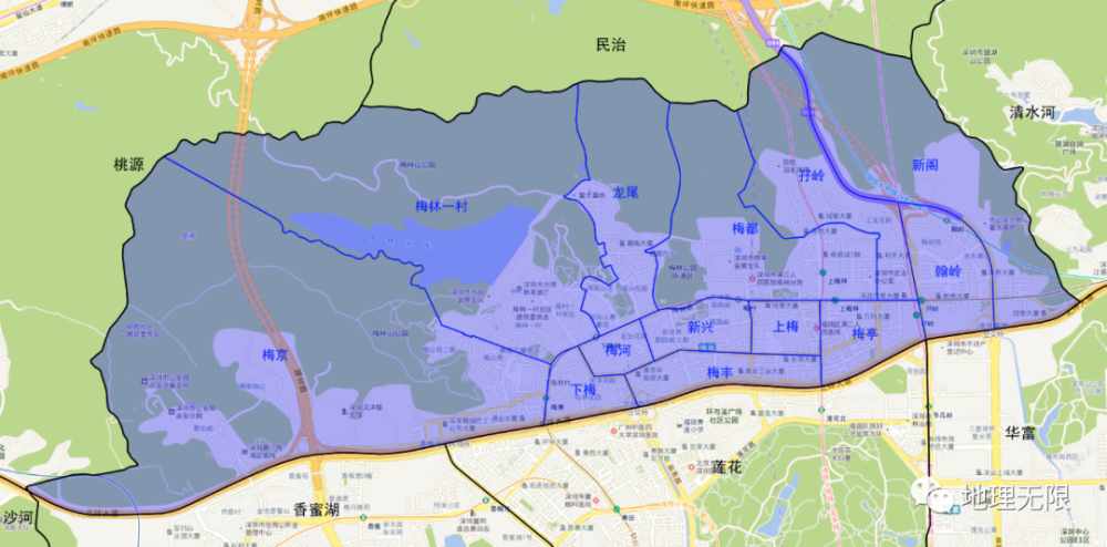 深圳市福田区梅林街道13个社区分布地图