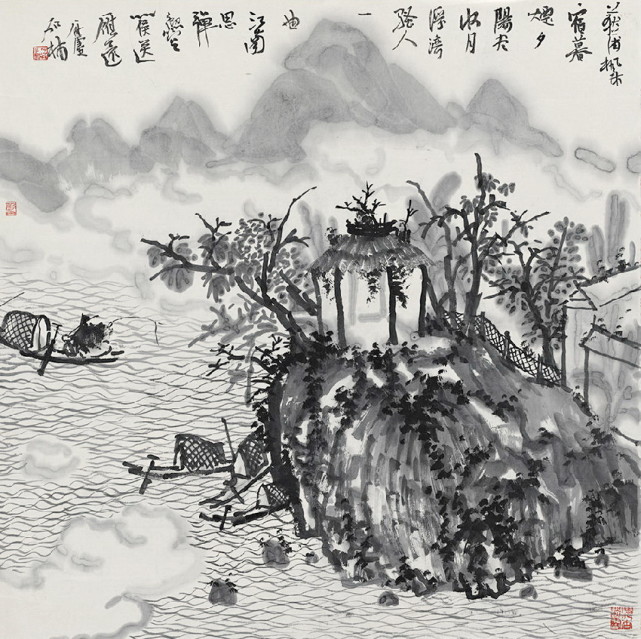 何加林国画山水《秋江暮烟(来自:元迪文史阁)何军委国画人物《版纳