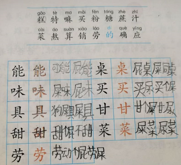 用字组词的作业,不管是是"能"味"具,还是"甜"劳"等字,都能和"