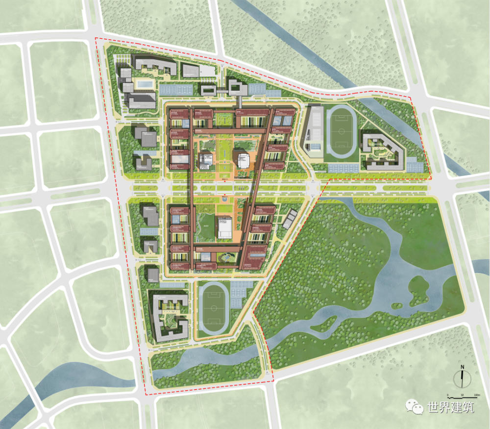 如北京某高校新校区投标方案中采用了圈层式的空间布局模式,围绕师生