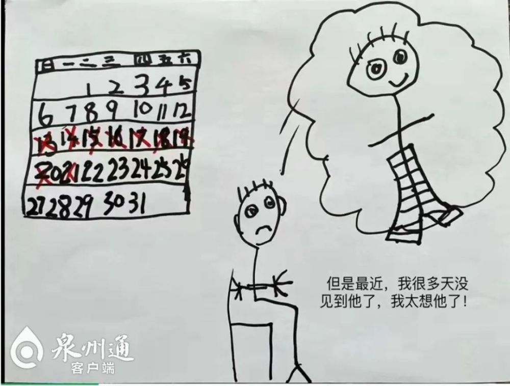 "因为想念爸爸,在家的刘宸浩把这份想念画成一幅幅画.