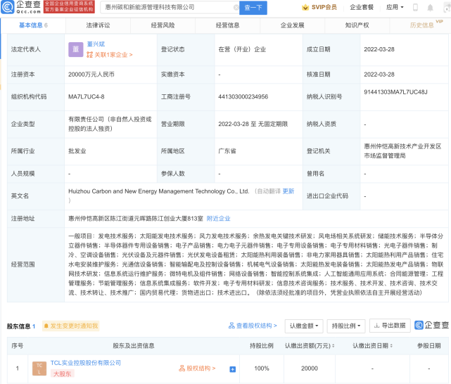 TCL成立碳和新能源管理公司 注册资本2亿元 潮商资讯 图1张