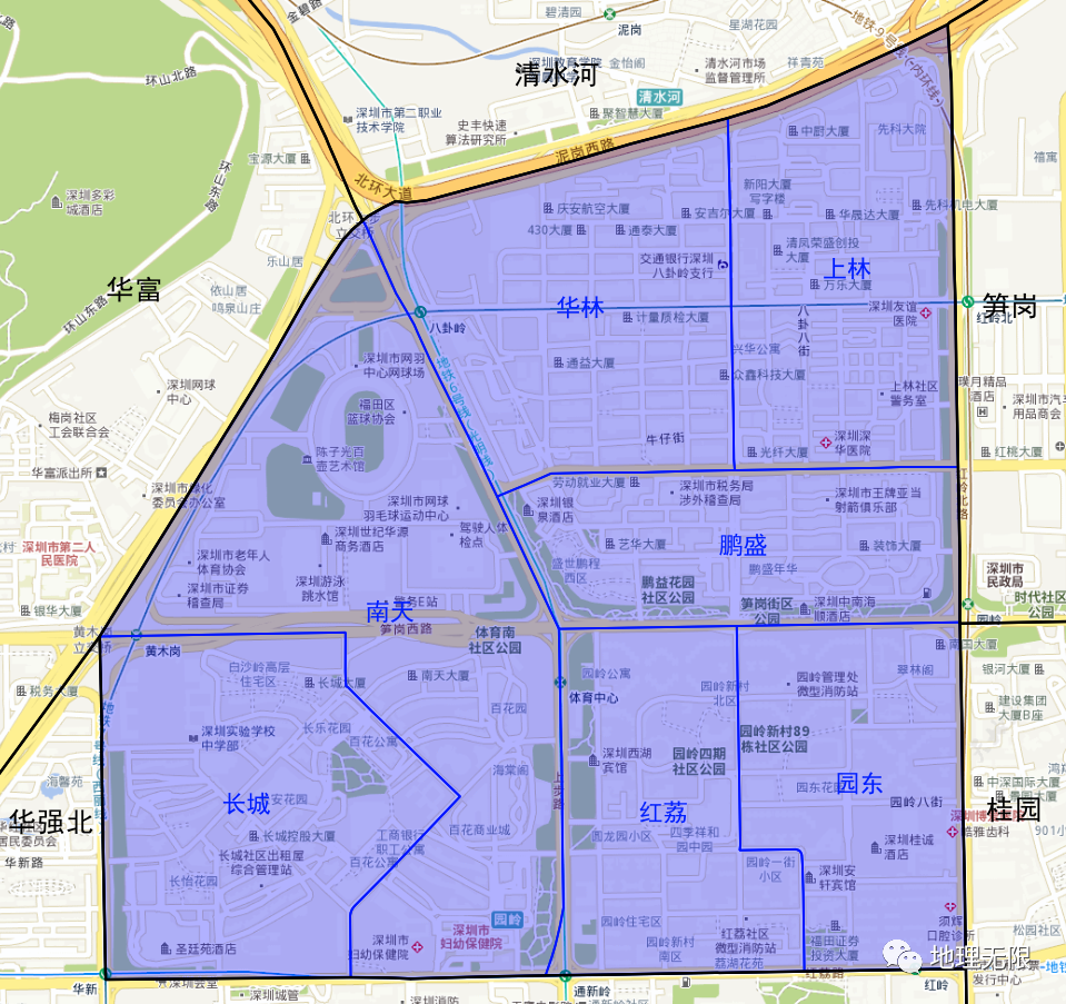 深圳市福田区园岭街道7个社区分布地图