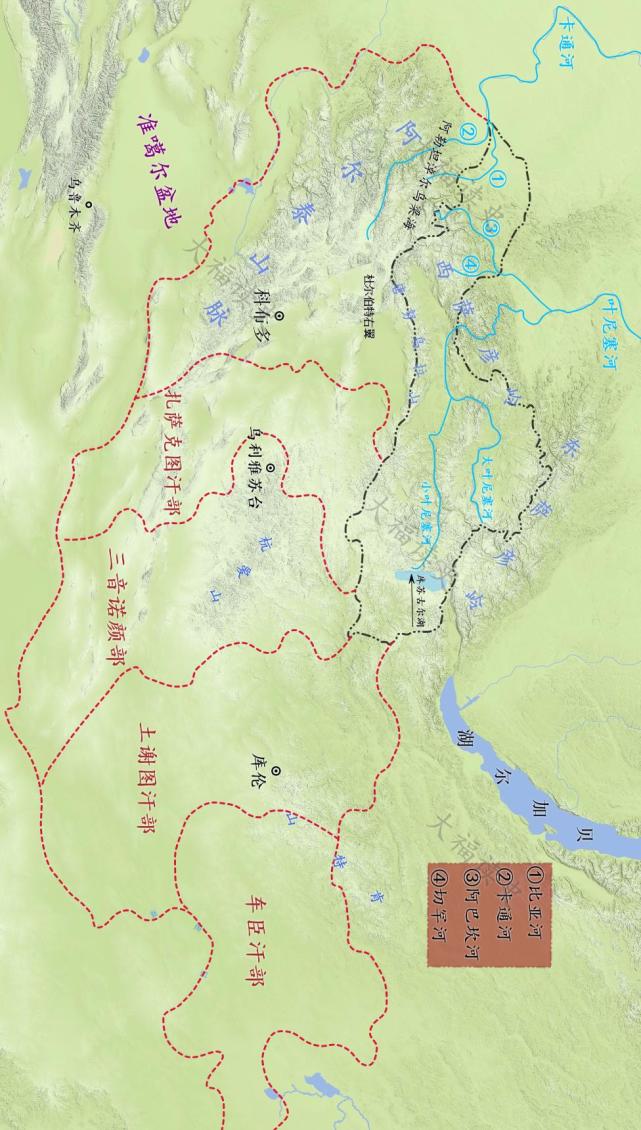 北至西萨彦岭,阿巴坎河与切罕河汇合处与沙俄为界;东至库苏古尔湖与