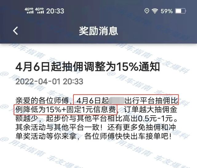 但近日有车友爆料,一网约车平台于4月1日发出抽佣调整通知.