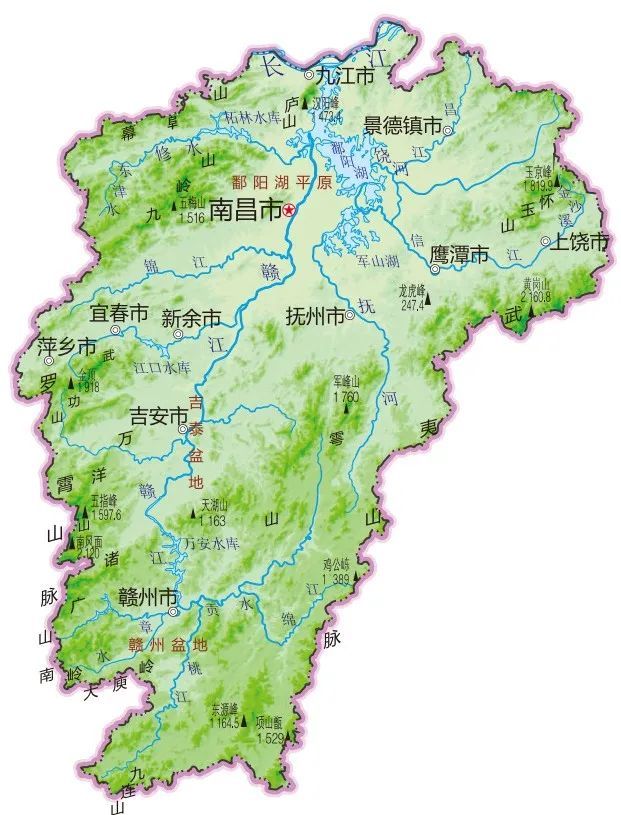 南有大庾岭,九连山,东,西,南三面的山脉将江西团团包围,在地形上具有