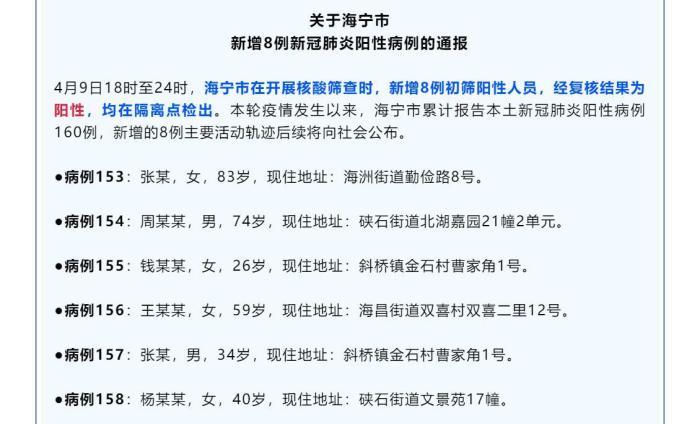 施紫楠)10日,浙江省嘉兴市海宁市新冠肺炎疫情防控指挥部发布