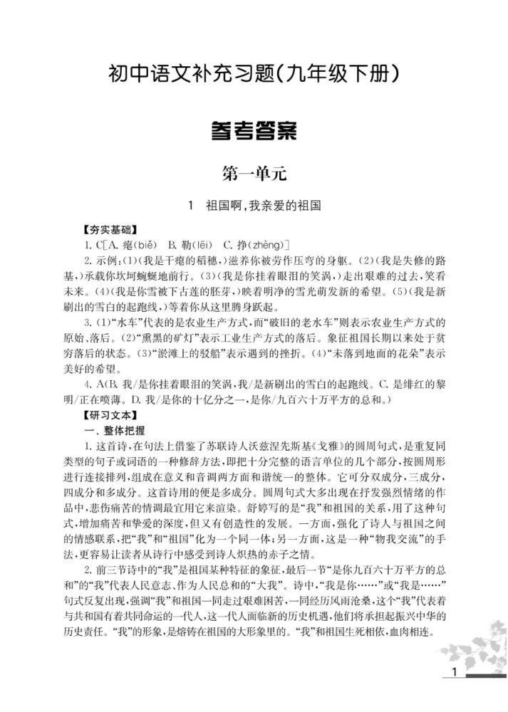 2022春最新部编版语文补充习题答案19年级下册