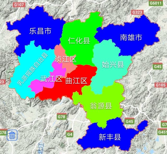 韶关地图韶关经济在全省排中下游水平,2021年全市gdp为1553亿元,位居