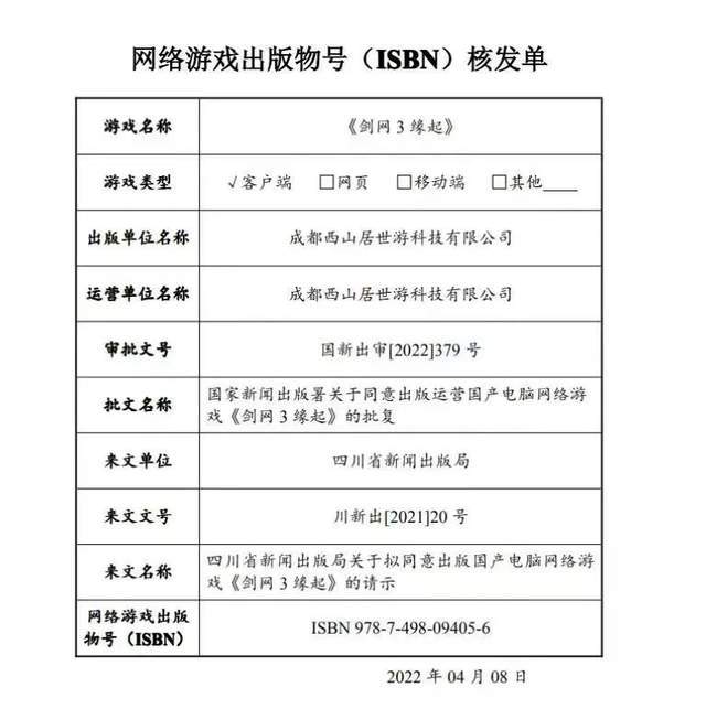 游戏联合体表示,从三方信源得到的一张《剑网3缘起》网络游戏出版物号