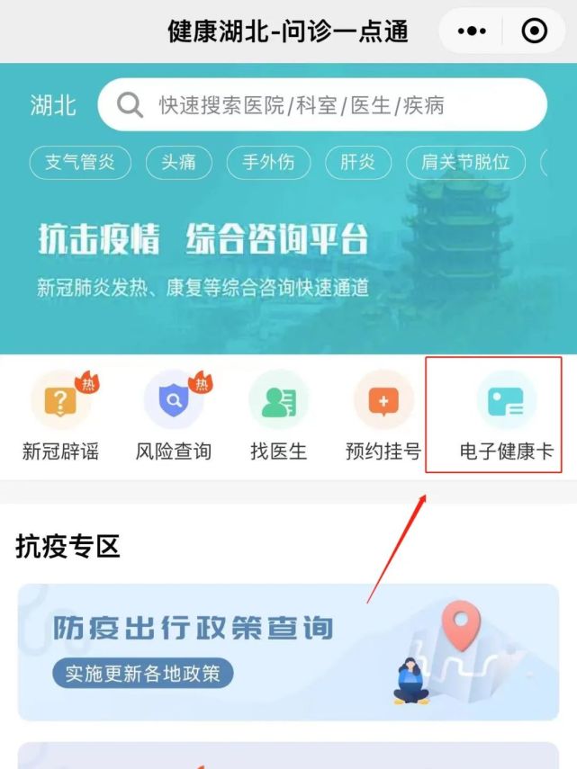 点击"电子健康卡"登录"健康湖北-问诊一点通【第二步】扫码【第一步