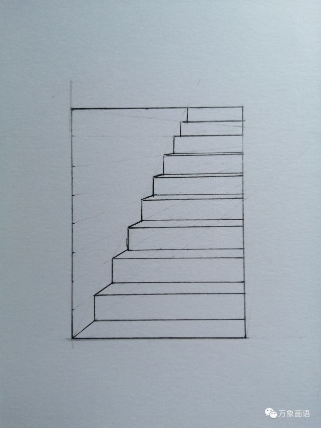 平行透视下的阶梯透视图六,等比例透视线与斜面透视线相交的点画水平