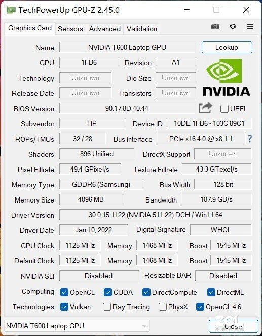 我们手中这台战99搭载的是一块英伟达t600 laptop专业显卡,显存为4gb