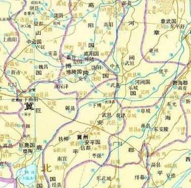 地图三国时期,属于魏国的冀州区域,境内分别属安平,河间,渤海三郡管辖