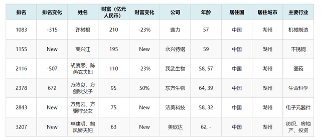 2022年湖州富豪榜第一名是57岁的许树根,身价达210亿元人民币,财富