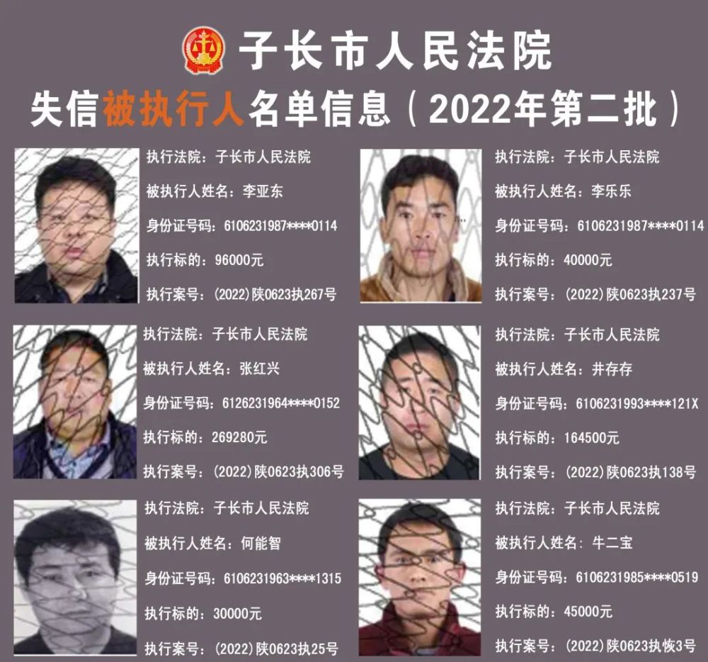 子长市失信被执行人名单信息的公告2022年第二批