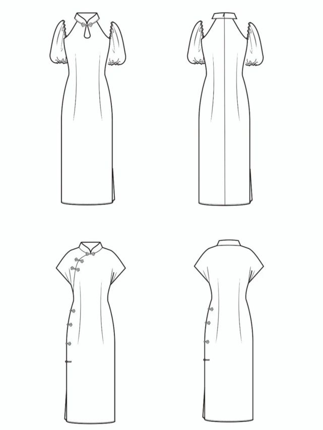 服装设计|旗袍各种门襟与款式线稿图合集!