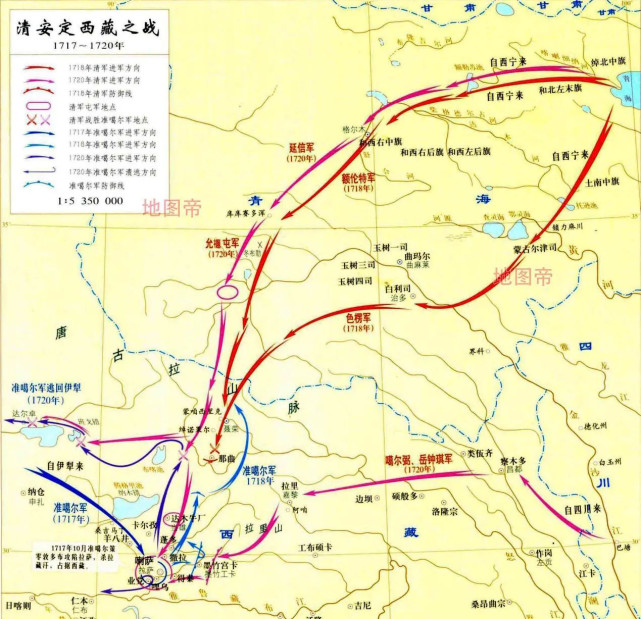 清朝平定西藏出兵路线图次年十月,康熙派皇十四子胤禵出征,挂抚远大