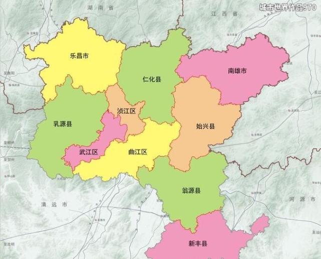 3个市辖区,4个县,1个自治县,2个县级市:武江区,浈江区,曲江区,始兴县